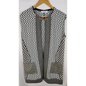 Kaos Open Front Sleeveless Cardigan Vest Jacket Black White Geometric Pattern